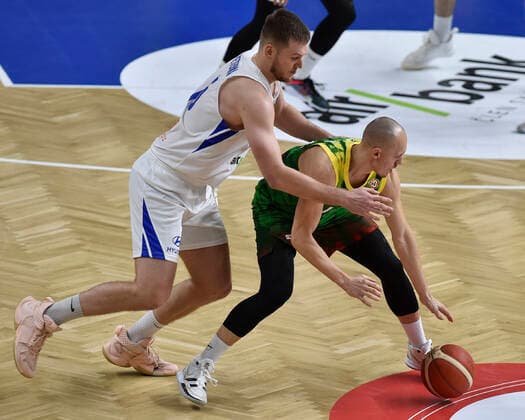 L-R Martin Peterka of Czech and Mindaugas Girdziunas of Lithuania in action during the Czech Republic vs Lithuania match, qualifier for 2023 Basketball World Cup, in Opava, Czech Republic, on Monday, November 29, 2021. (CTKxPhoto JaroslavxOzana) CTKPhotoP2021112908209  JAO 08