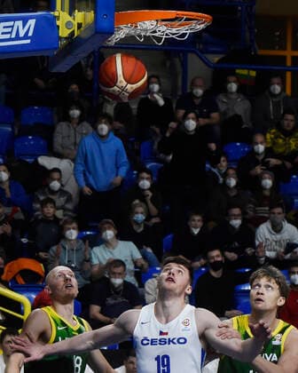 L-R Mindaugas Girdziunas of Lithuania, Ondrej Sehnal of Czech and Mindaugas Kuzminskas of Lithuania in action during the Czech Republic vs Lithuania match, qualifier for 2023 Basketball World Cup, in Opava, Czech Republic, on Monday, November 29, 2021. (CTKxPhoto JaroslavxOzana) CTKPhotoP2021112908532  JAO 16