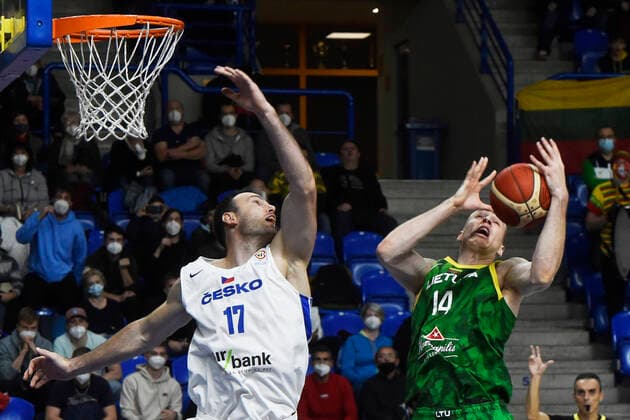 L-R Petr Bohacik of Czech and Martynas Echodas of Lithuania in action during the Czech Republic vs Lithuania match, qualifier for 2023 Basketball World Cup, in Opava, Czech Republic, on Monday, November 29, 2021. (CTKxPhoto JaroslavxOzana) CTKPhotoP2021112908533  JAO 17