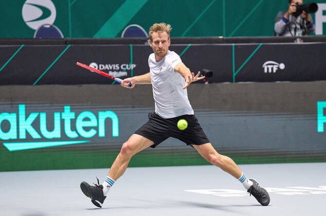 Peter Gojowczyk (GER) in action in the match against Daniel Evans (GBR) Germany-Great Britain at quartfinal of mens Tennis Davis Cup by Rakuten Finals in Innsbruck, Austria, Nov 30, 2021 Season 2021 2022, Evans won 6-2, 6-1