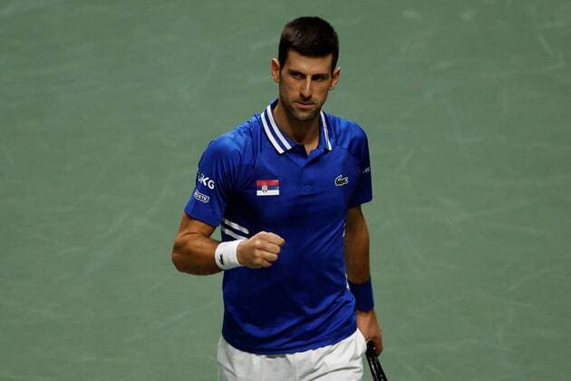 Novak Djokovic of Serbia celebrates his victory against Marin Cilic of Croatia during the semifinal Davis Cup tie between Serbia and Croatia held at Madrid Arena tennis complex in Madrid, central Spain, 03 December 2021. Serbia vs. Croatia !ACHTUNG: NUR REDAKTIONELLE NUTZUNG!  Copyright: xJuanjoxMartinx GRAF8418 20211203-63969cc7e8a09fe68ac93c76552bbd3f2ff9b964