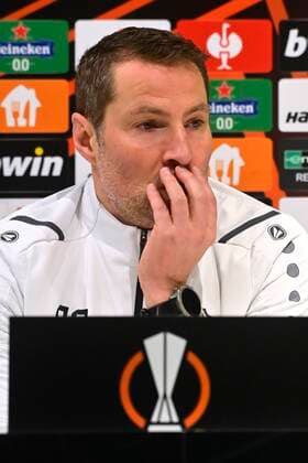 ANTWERP, BELGIUM - DECEMBER 08 : Brian Priske head coach of Antwerp FC pictured during a press conference, PK, Pressekonferenz of Royal Antwerp FC prior to their Europa League game against Olympiacos on December 8, 2021 in Antwerp, Belgium, 8 12 2021 ( media activities Royal Antwerp - Europa League PhotoNews Panoramic 