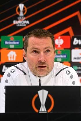 ANTWERP, BELGIUM - DECEMBER 08 : Brian Priske head coach of Antwerp FC pictured during a press conference, PK, Pressekonferenz of Royal Antwerp FC prior to their Europa League game against Olympiacos on December 8, 2021 in Antwerp, Belgium, 8 12 2021 ( media activities Royal Antwerp - Europa League PhotoNews Panoramic 
