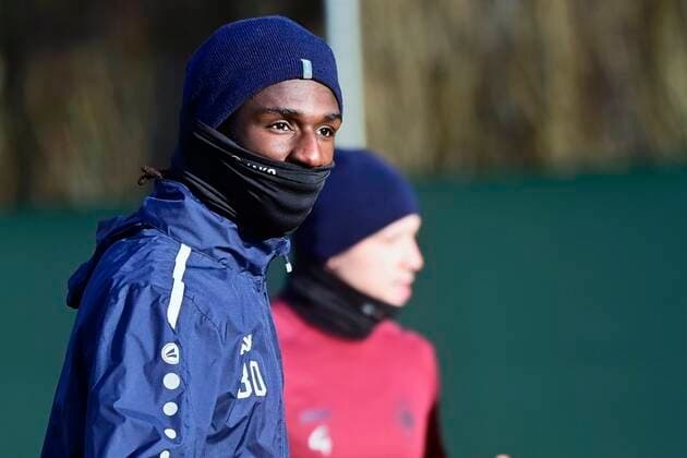 ANTWERP, BELGIUM - DECEMBER 08 : Pierre Junior Dwomoh forward of Antwerp FC pictured during a training session of Royal Antwerp FC prior to their Europa League game against Olympiacos on December 8, 2021 in Antwerp, Belgium, 8 12 2021 ( media activities Royal Antwerp - Europa League PhotoNews Panoramic 