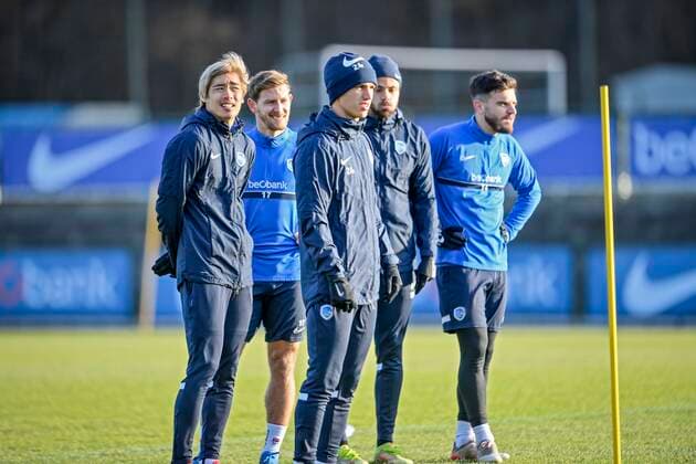 Genk, Belgium - December 08 : Junya Ito forward of KRC Genk during the media activity before the uefa europa league match between KRC Genk and Rapid Wien on December 8, 2021 in Genk, Belgium, 08 12 2021 ( Media Activity befor KRC Genk v Rapid Wien - Europa League PhotoNews Panoramic 