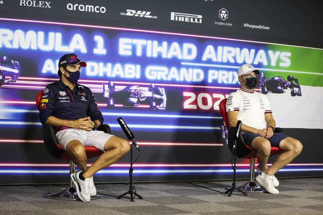 PEREZ Sergio (mex), Red Bull Racing Honda RB16B, BOTTAS Valtteri (fin), Mercedes AMG F1 GP W12 E Performance, portrait, Thursday press conference, PK, Pressekonferenz during the Formula 1 Etihad Airways Abu Dhabi Grand Prix 2021, 22th round of the 2021 FIA Formula One World Championship, WM, Weltmeisterschaft from December 10 to 12, 2021 on the Yas Marina Circuit, in Yas Island, Abu Dhabi - F1 - ABU DHABI GRAND PRIX 2021 DPPI Panoramic 00121045_AV6_4652.JPG