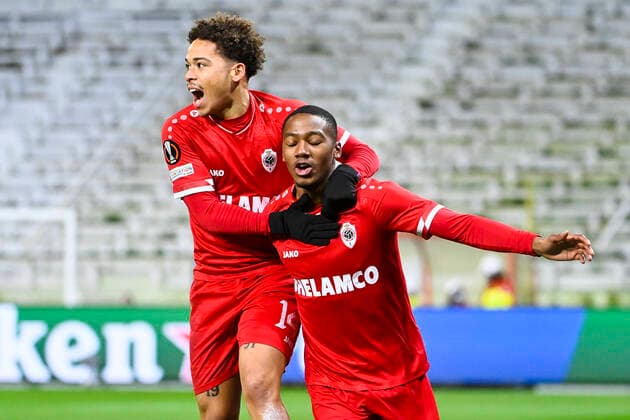 Antwerp s Manuel Benson and Antwerp s Michel Ange Balikwisha celebrate after scoring during an Europa League game between Belgian soccer team Royal Antwerp FC and Greek soccer team Olympiacos F.C., Thursday 09 December 2021, in Antwerp, Belgium, on the sixth and last day in Group D of the UEFA Europa League group stage. LAURIExDIEFFEMBACQ  x3152752x