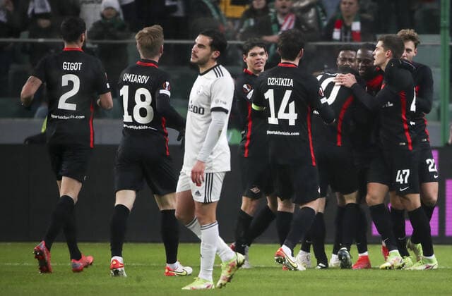 WARSAW, POLAND - DECEMBER 9, 2021: Spartakâ€™s players celebrate a goal in the 2021 22 UEFA Europa League Group C Round 6 match between Spartak Moscow and Legia Warsaw at the Marshall Jozef Pilsudski s Municipal Stadium of Legia Warsaw. Alexander Demianchuk TASS  TS11B4AD