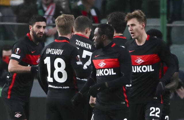 WARSAW, POLAND - DECEMBER 9, 2021: Spartakâ€™s players celebrate a goal in the 2021 22 UEFA Europa League Group C Round 6 match between Spartak Moscow and Legia Warsaw at the Marshall Jozef Pilsudski s Municipal Stadium of Legia Warsaw. Alexander Demianchuk TASS  TS11B4AE