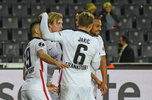 09.12.2021, xjhx, Fussball UEFA Europa League, Fenerbahce Istanbul - Eintracht Frankfurt emspor, v.l. Torjubel nach dem Tor zum celebrating the goal celebrate 0:1 durch Djibril Sow (Eintracht Frankfurt) (DFL DFB REGULATIONS PROHIBIT ANY USE OF PHOTOGRAPHS as IMAGE SEQUENCES and or QUASI-VIDEO) Istanbul