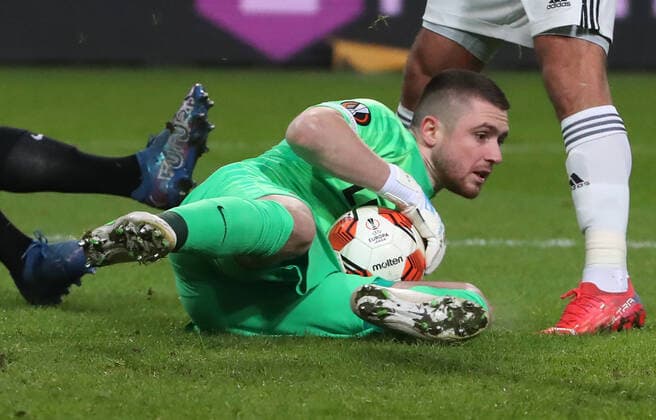 WARSAW, POLAND - DECEMBER 9, 2021: Spartak s goalkeeper Alexander Selikhov makes a save in the 2021 22 UEFA Europa League Group C Round 6 match between Spartak Moscow and Legia Warsaw at the Marshall Jozef Pilsudski s Municipal Stadium of Legia Warsaw. Alexander Demianchuk TASS  TS11B4AF