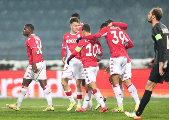 SOCCER - UEFA EL, Sturm vs Monaco GRAZ,AUSTRIA,09.DEC.21 - SOCCER - UEFA Europa League, group stage, SK Sturm Graz vs AS Monaco. Image shows the rejoicing of Monaco.  GEPAxpictures xChrisxBauer