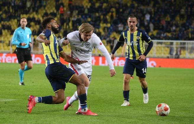 Eintracht Frankfurt™s Jens Petter Hauge and Fenerbache™s Nazim Sangare during Fenerbahce - Eintracht Frankfurt during UEFA Europa League game at Kadikoy Sukru Saracoglu Stadium in Istanbul, 9th of December, 2021. Copyright: TolgaxAdanali 17355674