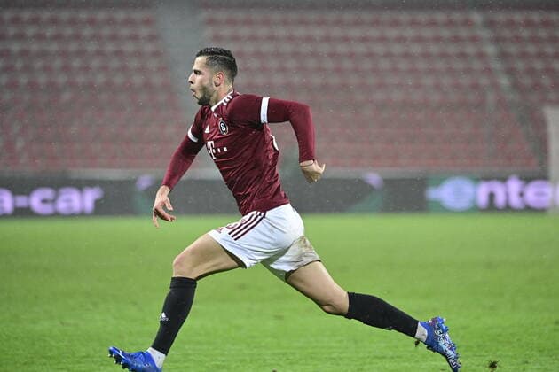 David Hancko of Sparta celebrates a goal during the UEFA Europa League group A soccer match Sparta Praha vs Brondby Copenhagen in Prague, Czech Republic, December 9, 2021. (CTKxPhoto RomanxVondrous) CTKPhotoP2021120909154 