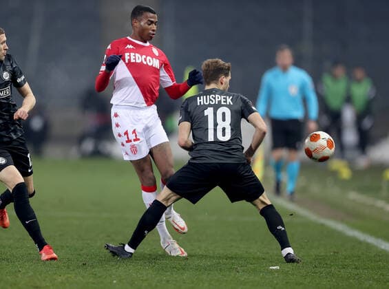 SOCCER - UEFA EL, Sturm vs Monaco GRAZ,AUSTRIA,09.DEC.21 - SOCCER - UEFA Europa League, group stage, SK Sturm Graz vs AS Monaco. Image shows Jean Lucas (Monaco) and Philipp Huspek (Sturm).  GEPAxpictures xMJxPaul