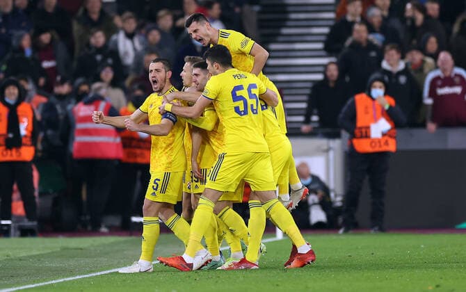 Mandatory Credit: Photo by Simon Dael Shutterstock (12637595x) Mislav Orsic of Dinamo Zagreb celebrates scoring a goal to make the score 0-1 West Ham United v Dinamo Zagreb, UEFA Europa League, Group H, Football, London Stadium, London, UK - 09 Dec 2021 EDITORIAL USE ONLY No use with unauthorised audio, video, data, fixture lists, club league logos or live services. Online in-match use limited to 120 images, no video emulation. No use in betting, games or single club league player publications. West Ham United v Dinamo Zagreb, UEFA Europa League, Group H, Football, London Stadium, London, UK - 09 Dec 2021 EDITORIAL USE ONLY No use with unauthorised audio, video, data, fixture lists, club league logos or live services. Online in-match use limited to 120 images, no video emulation. No use in betting, games or single club league player publications. Copyright: xSimonxDael Shutterstockx 12637595x