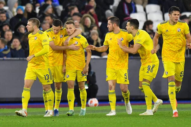 Football - UEFA Europe League - Group H - Round Six - West Ham United vs Dinamo Zagreb - London Stadium - Thursday 9th December 2021. Dinamo Zagreb s Mislav Orsic (99) celebrates scoring the opening goal. COLORSPORT Ashley Western 
