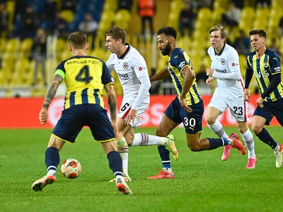 Nazim Sangare (R) of Fenerbahce and Kristijan Jakic (6) of Eintracht Frankfurt during the UEFA Europa League group D match between Fenerbahce and Eintracht Frankfurt at Ulker Stadium on December 9, 2021 in Istanbul, Turkey. (Photo by Seskimphoto) Fenerbahce v Eintracht Frankfurt: Group D - UEFA Europa League 