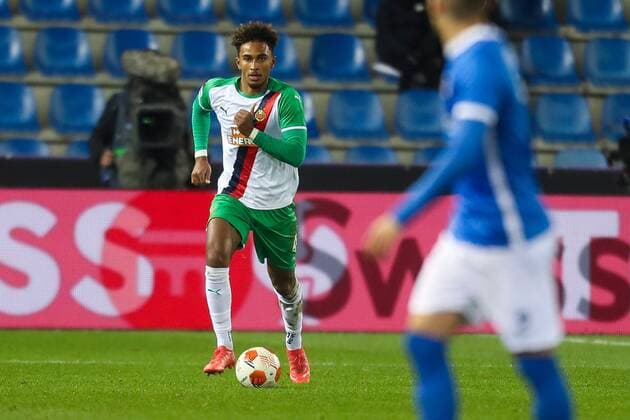 SOCCER - UEFA EL, Genk vs Rapid GENK,BELGIUM,09.DEC.21 - SOCCER - UEFA Europa League, group stage, KRC Genk vs SK Rapid Wien. Image shows Emanuel Aiwu (Rapid).  GEPAxpictures xPhilippxBrem