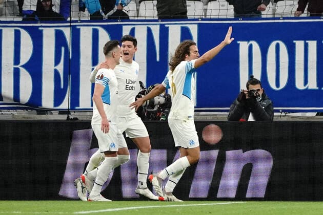 Joie - Krystian Arkadiusz Milik (Olympique de Marseille) - Matteo Guendouzi (Olympique de Marseille) - Leonardo Balerdi (Olympique de Marseille) FOOTBALL : Olympique de Marseille vs Lokomotiv de Moscou - League Europa - Marseille - 09 12 2021 NorbertScanella Panoramic 