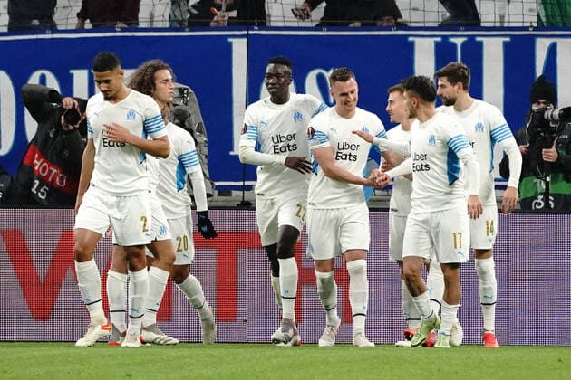 Joie - Krystian Arkadiusz Milik (Olympique de Marseille) - Matteo Guendouzi (Olympique de Marseille) - Leonardo Balerdi (Olympique de Marseille) - Cengiz Under (Olympique de Marseille) FOOTBALL : Olympique de Marseille vs Lokomotiv de Moscou - League Europa - Marseille - 09 12 2021 NorbertScanella Panoramic 