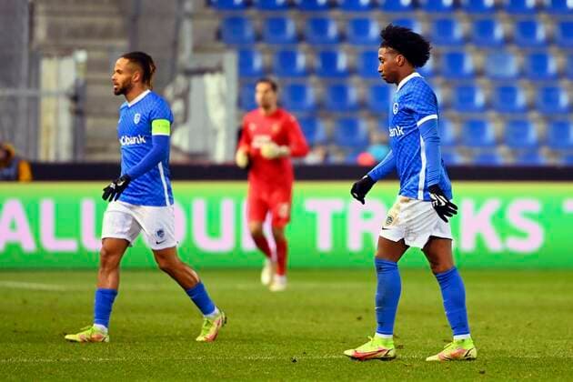 GENK, BELGIUM - DECEMBER 09 : Angelo Preciado defender of KRC Genk, Theo Bongonda forward of KRC Genk during the UEFA Europa League Group stage H match between KRC Genk and SK Rapid Wien on December 9, 2021 in Genk, Belgium, 9 12 2021 ( KRC Genk v Rapid Wien - UEFA Europa League PhotoNews Panoramic 
