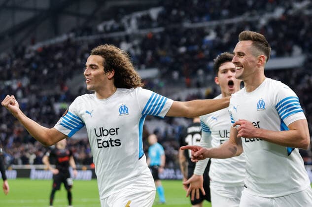 MARSEILLE, FRANCE - DECEMBER 9, 2021: Marseilleâ€™s Matteo Guendouzi (L) and Arkadiusz Milik celebrate a goal in the 2021 22 UEFA Europa League Group E Round 6 match between Olympique de Marseille and Lokomotiv Moscow at the Orange Velodrome Stadium. Mikhail Japaridze TASS  TS11B4EB