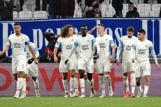 Joie - Krystian Arkadiusz Milik (Olympique de Marseille) - Matteo Guendouzi (Olympique de Marseille) - Leonardo Balerdi (Olympique de Marseille) - Cengiz Under (Olympique de Marseille) FOOTBALL : Olympique de Marseille vs Lokomotiv de Moscou - League Europa - Marseille - 09 12 2021 NorbertScanella Panoramic 