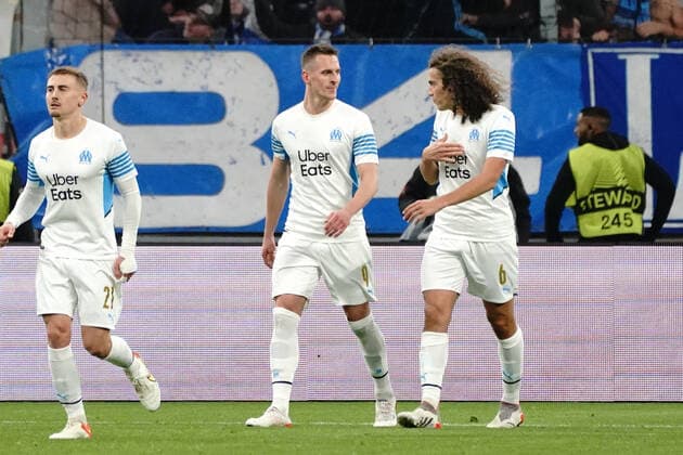 Joie - Krystian Arkadiusz Milik (Olympique de Marseille) - Matteo Guendouzi (Olympique de Marseille) FOOTBALL : Olympique de Marseille vs Lokomotiv de Moscou - League Europa - Marseille - 09 12 2021 NorbertScanella Panoramic 
