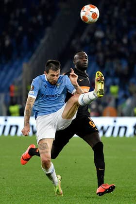 Francesco Acerbi of SS Lazio and Mbaye Diagne of Galatasaray compete for the ball during the Europa League group stage football match between SS Lazio and Galatasaray at Olimpico stadium in Rome (Italy), December 9th, 2021. Photo Antonietta Baldassarre Insidefoto antoniettaxbaldassarre