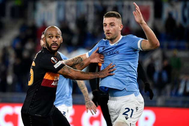 Marcos do Nascimento Teixeira aka Marcao of Galatasaray and Sergej Milinkovic-Savic of SS Lazio during the Europa League group stage football match between SS Lazio and Galatasaray at Olimpico stadium in Rome (Italy), December 9th, 2021. Photo Antonietta Baldassarre Insidefoto antoniettaxbaldassarre
