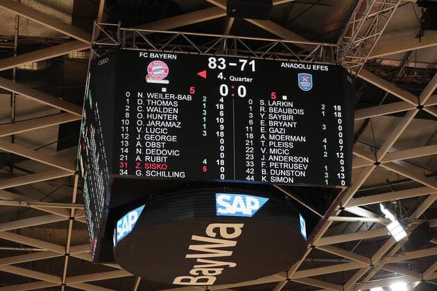 Anzeigetafel zeigt den Endstand GER, FC Bayern Basketball vs. Anadolu EFES Istanbul, Basketball, EuroLeague, Saison 2021 2022, 09.12.2021, GER, FC Bayern Basketball vs. Anadolu EFES Istanbul, Basketball, EuroLeague, Saison 2021 2022, 09.12.2021, Muenchen Copyright: xEIBNER MarcelxEngelbrechtx EP_EER
