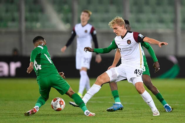 FCM s Gustav Isaksen during the UEFA Europa League Group F football match between PFC Ludogorets and FC Midtjylland on December 9, 2021 at the Ludogorets Arena in Razgrad. Photo by Alex Nicodim Ritzau Scanpix , Razgrad Copyright: RitzauxScanpix AlexxNicodimx spdk20211209-215146-L