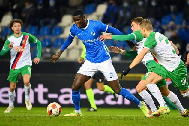 GENK, BELGIUM - DECEMBER 09 : Paul Onuachu forward of KRC Genk during the UEFA Europa League Group stage H match between KRC Genk and SK Rapid Wien on December 9, 2021 in Genk, Belgium, 9 12 2021 ( KRC Genk v Rapid Wien - UEFA Europa League PhotoNews Panoramic 