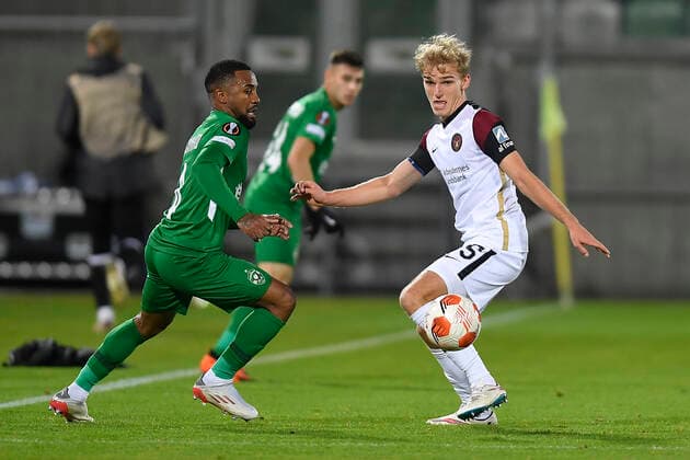 FCM s Gustav Isaksen during the UEFA Europa League Group F football match between PFC Ludogorets and FC Midtjylland on December 9, 2021 at the Ludogorets Arena in Razgrad. Photo by Alex Nicodim Ritzau Scanpix , Razgrad Copyright: RitzauxScanpix AlexxNicodimx spdk20211209-214608-L
