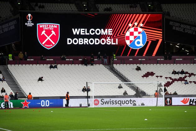 PXL_West Ham United v Dinamo Zagreb: Group H - UEFA Europa League LONDON, ENGLAND - DECEMBER 09: An LED board inside the stadium shows a welcome message prior to the UEFA Europa League group H match between West Ham United and Dinamo Zagreb at Olympic Stadium on December 9, 2021 in London, United Kingdom. IgorxKralj PIXSELL