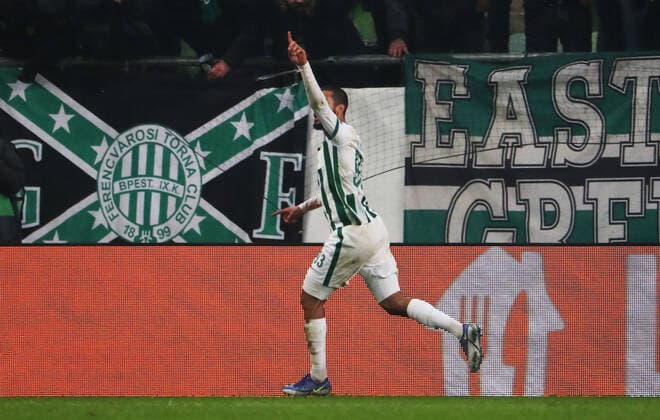 Fussball, Herren, Saison 2021 2022, UEFA Europa League (Gruppe G, 6. Spieltag), Ferencvaros Budapest - Bayer Leverkusen, Aissa Laidouni (Ferencvaros), Jubel nach Tor zum 1:0, 09.12. 2021, Copyright: xSzilviaxMichellerx xMatthiasxKocx