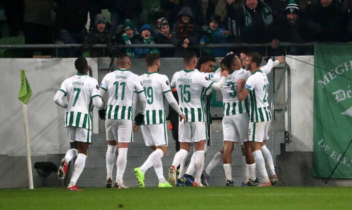 Fussball, Herren, Saison 2021 2022, UEFA Europa League (Gruppe G, 6. Spieltag), Ferencvaros Budapest - Bayer Leverkusen, Budapest, Jubel nach Tor zum 1:0 durch Aissa Laidouni (Ferencvaros), 09.12. 2021, Copyright: xSzilviaxMichellerx xMatthiasxKocx