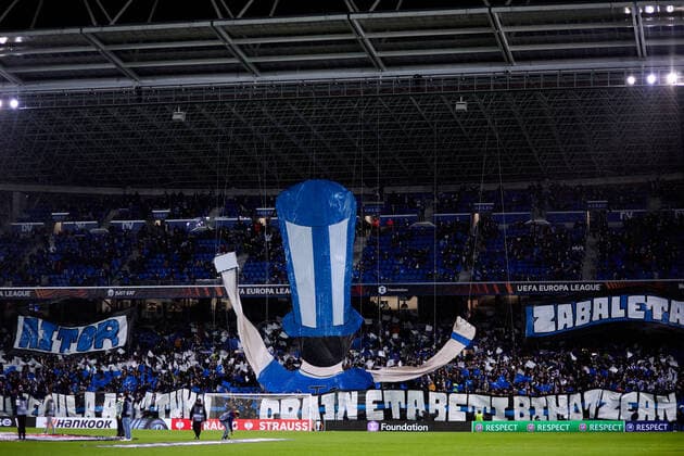 SAN SEBASTIAN, SPAIN - DECEMBER 09: Supporters of Real Sociedad are seen during the UEFA Europa League group B match between Real Sociedad and PSV Eindhoven at Estadio Anoeta on December 9, 2021 in San Sebastian, Spain. SPO, SOC, FOC, SPO, SOC, FOC 