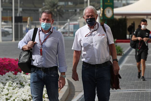 10th December 2021; Yas Marina Circuit, Abu Dhabi, United Arab Emirates: FIA Abu Dhabi F1 Grand Prix, practice day: Helmut Marko, advisor to the Red Bull GmbH Formula One Team and head of Red Bull s driver development program arrives in the paddock with Jos Verstappen  ActionPlus12346720 Octane