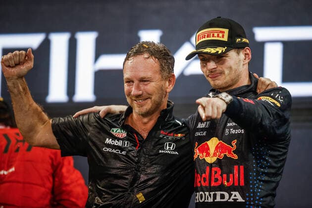 podium HORNER Christian (gbr), Team Principal of Red Bull Racing, VERSTAPPEN Max (ned), Red Bull Racing Honda RB16B, portrait during the Formula 1 Etihad Airways Abu Dhabi Grand Prix 2021, 22th round of the 2021 FIA Formula One World Championship, WM, Weltmeisterschaft from December 10 to 12, 2021 on the Yas Marina Circuit, in Yas Island, Abu Dhabi - F1 - ABU DHABI GRAND PRIX 2021 - RACE DPPI Panoramic 00121046__V2_4468