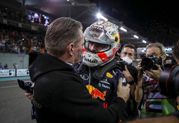 33 Max Verstappen (NED, Red Bull Racing) celebrates becoming the 2021 Drivers World Champion with his father Jos Verstappen, F1 Grand Prix of Abu Dhabi at Yas Marina Circuit on December 12, 2021 in Abu Dhabi, United Arab Emirates. (Photo by HOCH ZWEI) Abu Dhabi United Arab Emirates