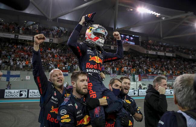 33 Max Verstappen (NED, Red Bull Racing) celebrates becoming the 2021 Drivers World Champion, F1 Grand Prix of Abu Dhabi at Yas Marina Circuit on December 12, 2021 in Abu Dhabi, United Arab Emirates. (Photo by HOCH ZWEI) Abu Dhabi United Arab Emirates
