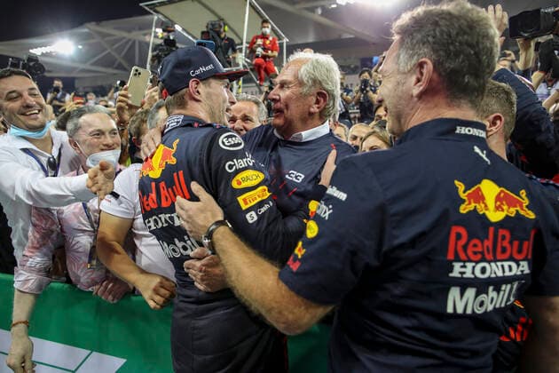 33 Max Verstappen (NED, Red Bull Racing) celebrates becoming the 2021 Drivers World Champion with Dr. Helmut Marko (AUT, Red Bull Racing), Christian Horner (GBR, Red Bull Racing), F1 Grand Prix of Abu Dhabi at Yas Marina Circuit on December 12, 2021 in Abu Dhabi, United Arab Emirates. (Photo by HOCH ZWEI) Abu Dhabi United Arab Emirates