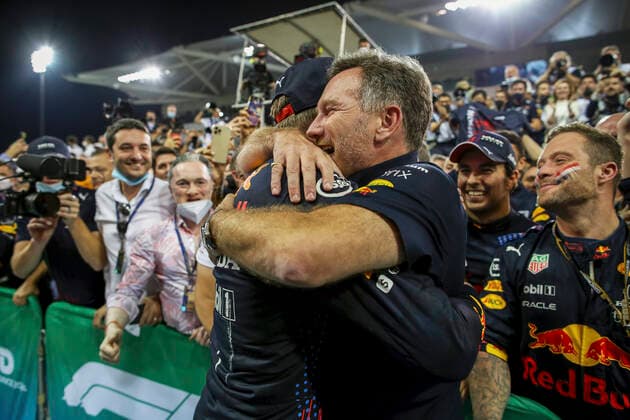 33 Max Verstappen (NED, Red Bull Racing) celebrates becoming the 2021 Drivers World Champion with Christian Horner (GBR, Red Bull Racing), F1 Grand Prix of Abu Dhabi at Yas Marina Circuit on December 12, 2021 in Abu Dhabi, United Arab Emirates. (Photo by HOCH ZWEI) Abu Dhabi United Arab Emirates
