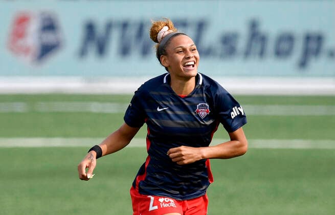 LEESBURG, VA - JULY 18: Washington Spirit forward Trinity Rodman (2) smiles after scoring a first half goal during the NWSL game between New Jersey New York Gotham FC and Washington Spirit July 18, 2020 at Segra Field in Leesburg, VA. (Photo by Randy Litzinger Icon Sportswire) SOCCER: JUL 18 NWSL - NJ NY Gotham FC at Washington Spirit Icon9662107180279