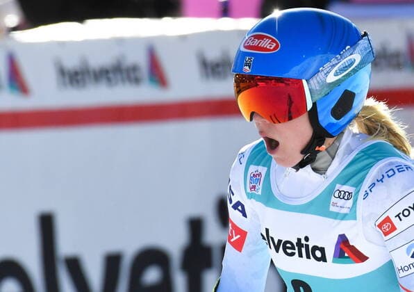 12.12.2021, St. Moritz, SUI, FIS Weltcup Ski Alpin, Super G, Damen, im Bild Mikaela Shiffrin (USA) Mikaela Shiffrin of the USA reacts after her run for the ladie s SuperG of FIS Ski Alpine World Cup at the St. Moritz, Switzerland on 2021 12 12.