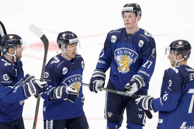 MOSCOW, RUSSIA â€“ DECEMBER 18, 2021: Finnish players celebrate a goal scored against Canada in their national team, Nationalteam s 2021 Channel One Cup Ice hockey, Eishockey match at CSKA Arena as part of the 2021 22 Euro Hockey Tour. Mikhail Japaridze TASS  TS11C465