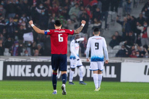 Joie des joueurs de l equipe du LOSC apres le but de Jonathan David ( 9 - LOSC ) - FOOTBALL : Lille vs Auxerre - Coupe de France - Lille - 18 12 2021 FedericoPestellini Panoramic 