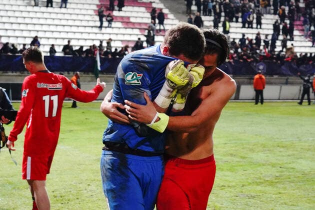Joie fin de match - Florian Verplanck (AS Cannes) FOOTBALL : AS Cannes vs Dijon FCO - 32 eme de finale de Coupe de France - Cannes - 18 12 2021 NorbertScanella Panoramic 
